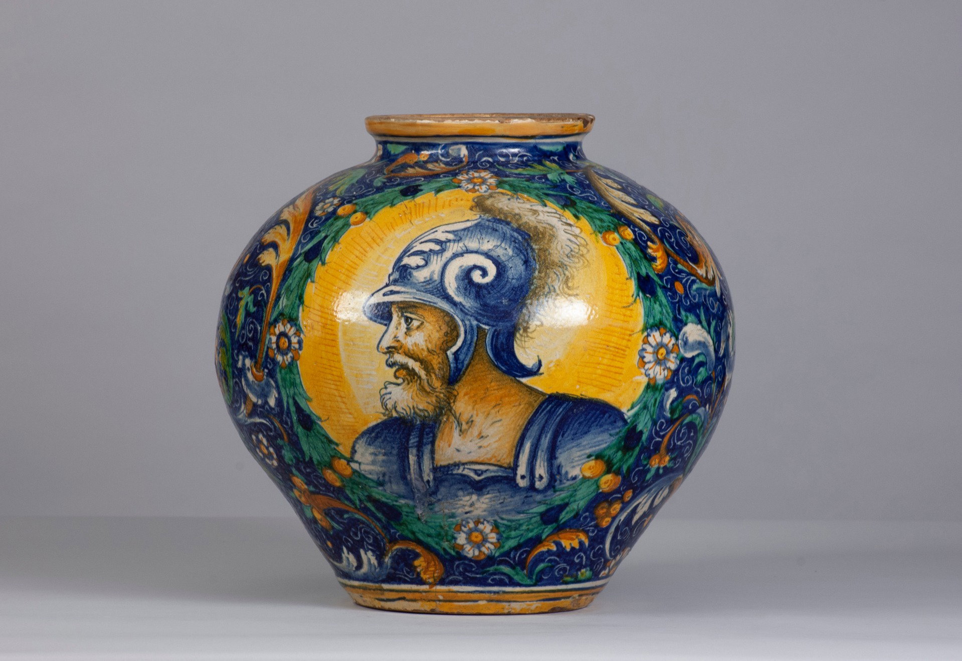 Venice, circa 1560, Master Domenico, Maiolica vase with portrait of a Roman Soldier